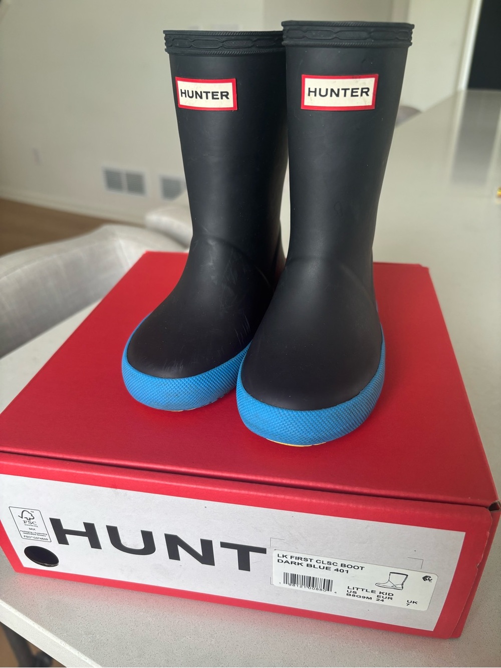 Hunter Kids Dark Blue Rain Boots with Light Blue Soles